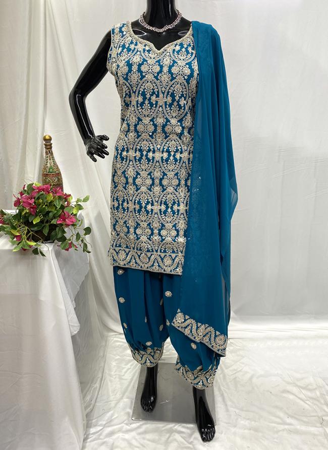 Georgette Sea Blue Wedding Wear Thread Work Readymade Dhoti Suit